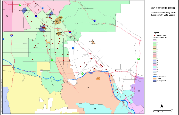 Map of wells equipped with data loggers in the San Fernando basin.