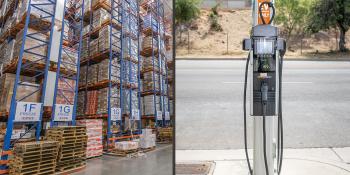 A photo of a warehouse with high-bay lighting is shown next to a photo of an electric vehicle charger.