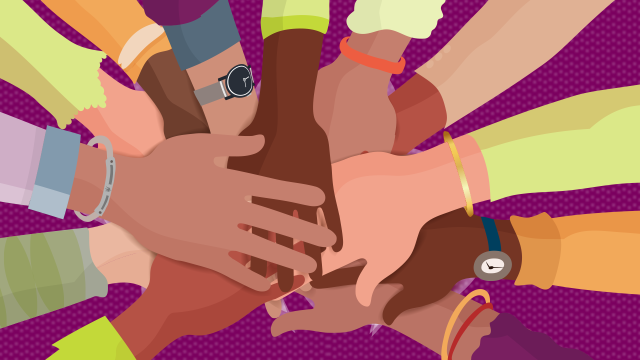 Multiple hands stacked on top of each other in unity