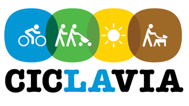 CicLAvia logo featuring overlapping colored circles over the word "CicLAvia." The colored circles have line drawings on them of the sun and of stick figures biking, pushing a baby stroller, and walking a dog.