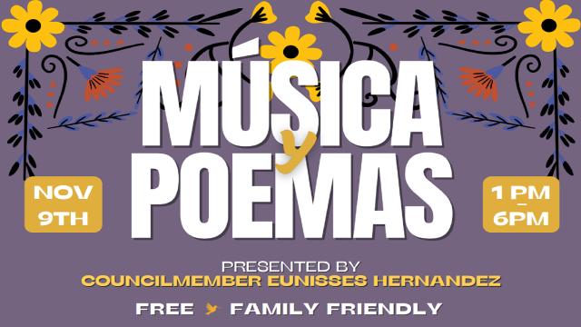 Flowers frame the words Musica y Poemas against a purple background.