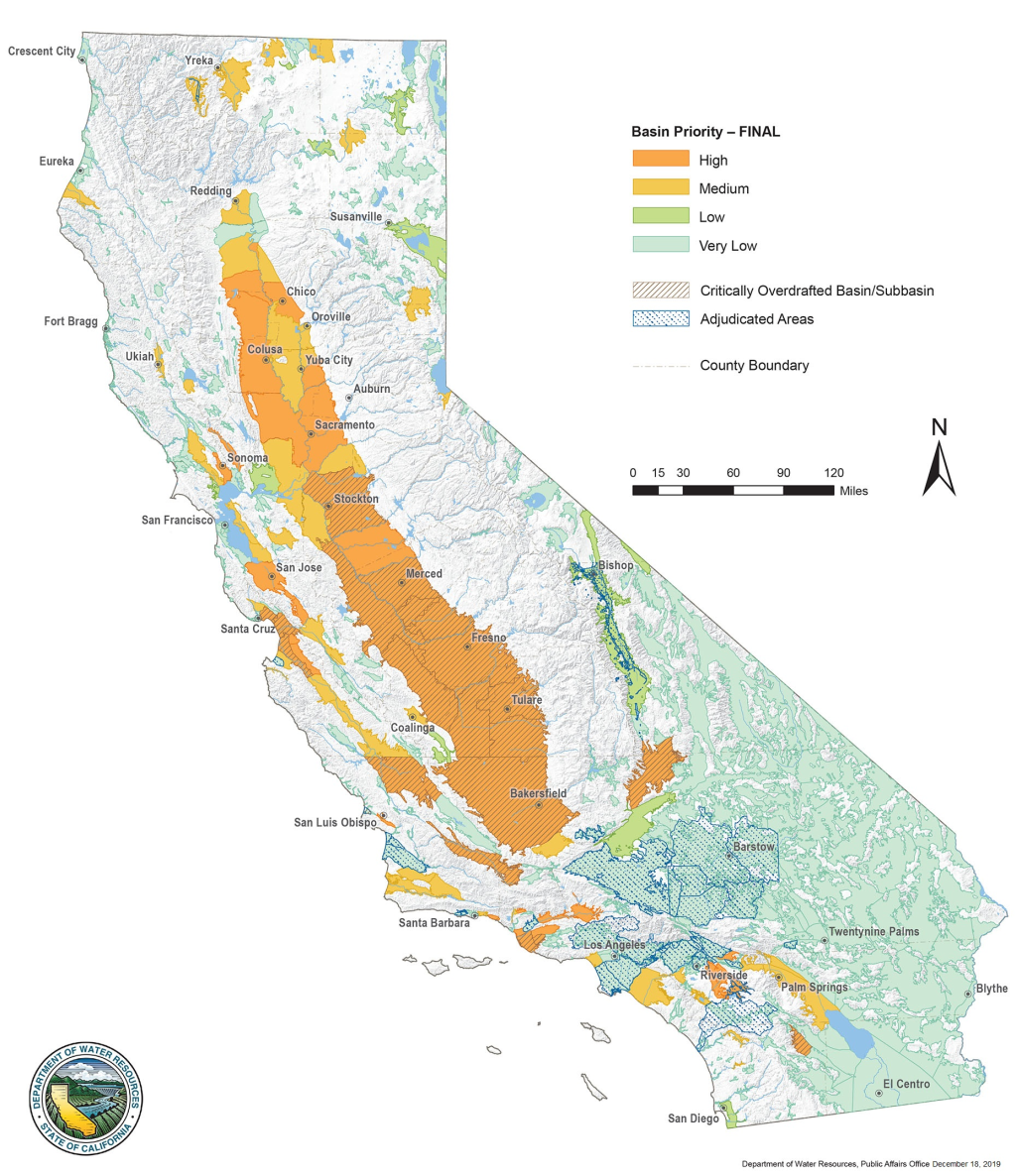 Water Management Map of California, outlining Basin Priority, from High to very Low