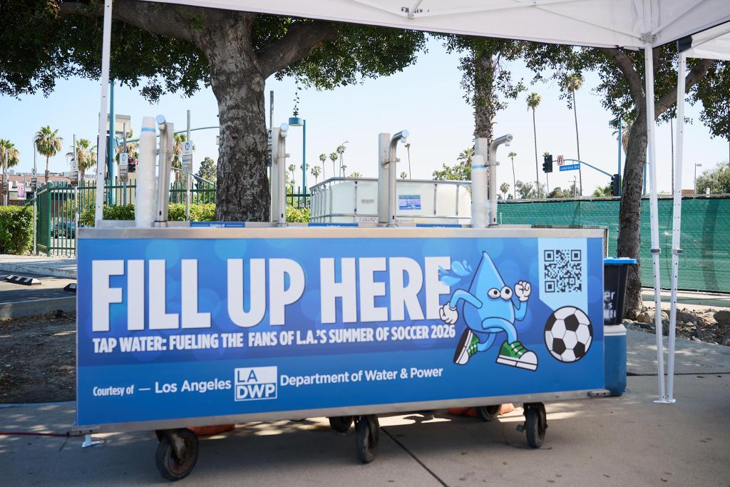 World Cup 2026 Fan Hydration Station with signage that reads "Fill Up Here"