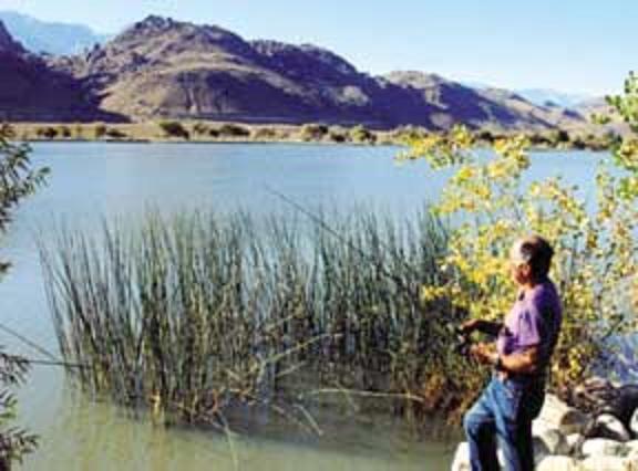 Man fishing at lakes edge