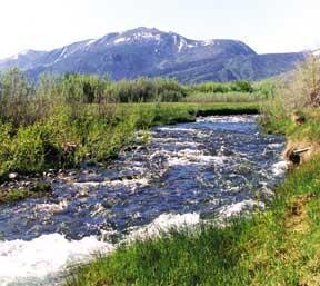 Image of river flowing, with mountain in the background