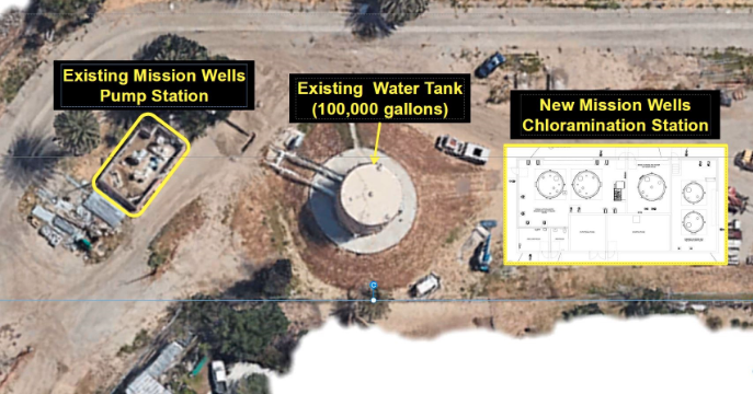 Aerial image of Mission Wells facility displaying the existing pump station, the existing water tank, and the location of the new chloramination station.