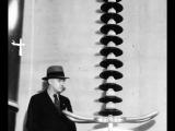 Man standing behind transmission line insulators