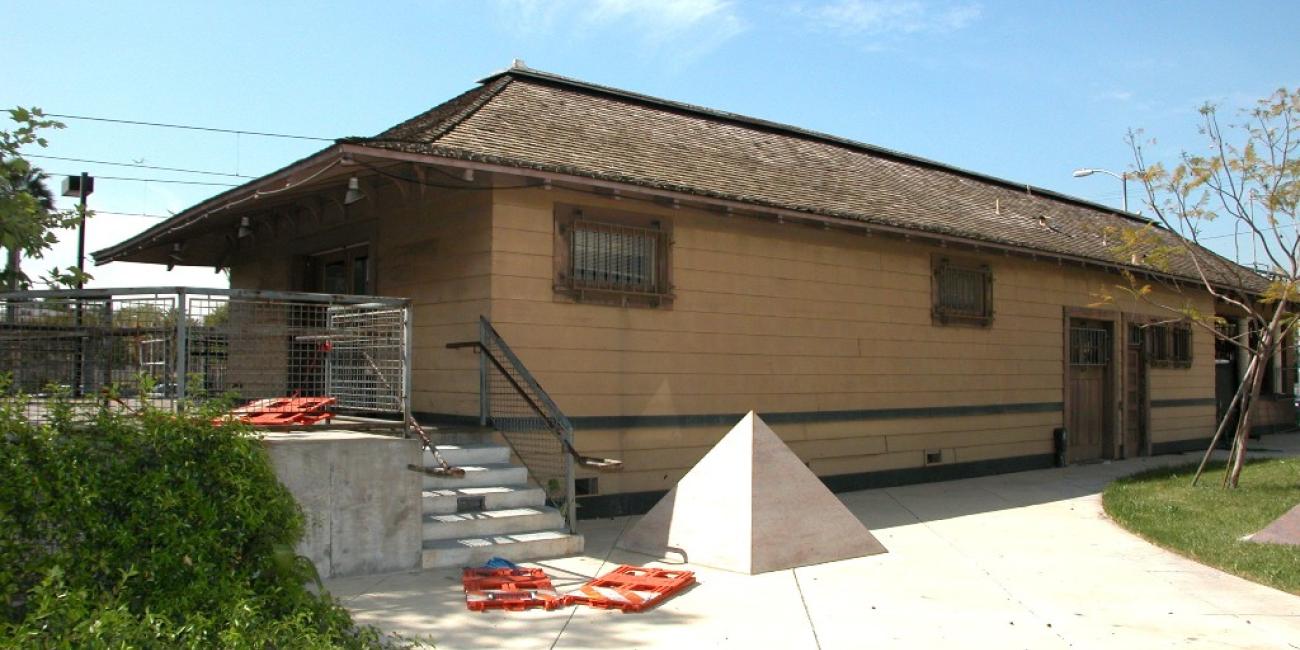 Watts Customer Service Center, housed within the historic Watts Pacific Electric Railway station. View from Park (eastern elevation detail)