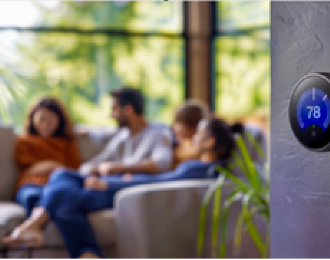 A thermostat on a wall. Two kids, a man and a woman are seated in the background.