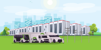 Drawing of Energy Battery Storage system with City in background, sun over head