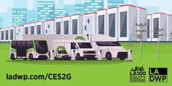 A graphic shows heavy-duty electric vehicles connected to EV chargers. It reads: Commercial Energy Storage to Grid (CES2G) Pilot Program. Ladwp.com/CES2G. In the lower right corner at the LADWP and LA100 Equity Strategies logos.
