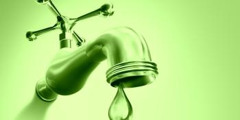 A green-tinted graphic shows a faucet with a drop of water coming out.
