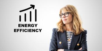 A woman in a blazer looks at a graph labeled “Energy Efficiency”
