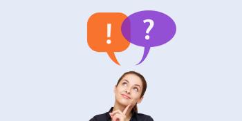 Woman looking at thought bubbles - exclamation point and question mark